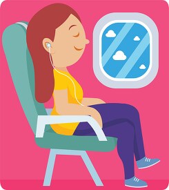 lady on plane listening music while travelling clipart