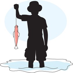 silhouette boy holding fish outline blue color clipart