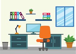 working office space with desk bookshelf computer clipart