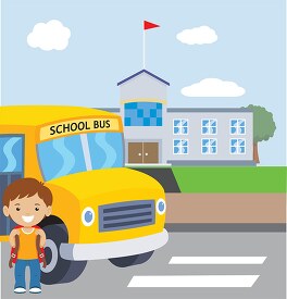 student at bus in front of school clipart
