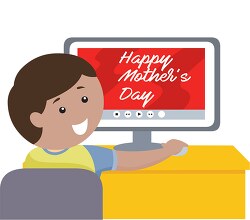 student at desk with happy mothers day on computer screen