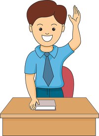 student raising his hand in class to answer question