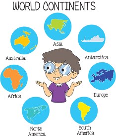 student showing the seven world continents clipart