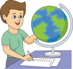 student using a globe to study geography clipart