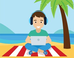 student using laptop on beach clipart remote learning