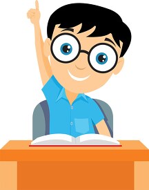 student wearing glasses raising hand in the classroom clipart
