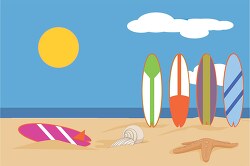 surfboards lined up on sand at beach clipart