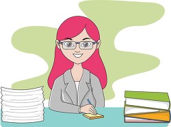 teacher sitting at desk with stacks of papers to grade clipart