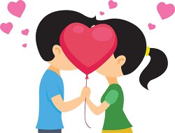teenage boy and girl kiss each other behind heart shape balloon 