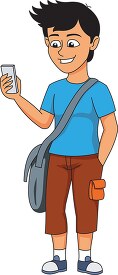 teenage boy standing with his bag using mobile clipart