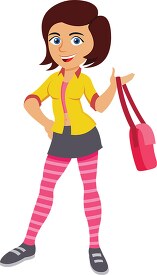 teenage girl in casual dress holding her bag purse clipart