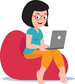 teenager sitting on bean bag working on laptop clipart