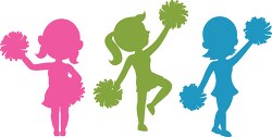 three female cheerleaders blue pink green silhouette