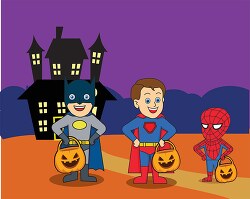 three kids in superhero halloween costumes clipart b