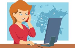 travel agent viewing computer while on phone clipart