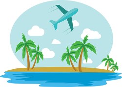 tropical island with palm trees with plane in the sky