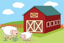two sheep eating near red barn clipart