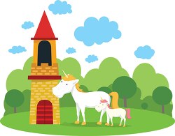 two white unicorns at a castle flat vector clipart