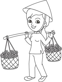 vietnamese woman wearing hat holding two baskets black outline c