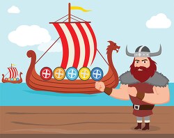 viking on land looking at ships in the sea clipart