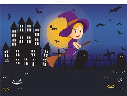 witch flying over haunted house near gravesite halloween clipart