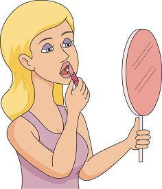 woman looking in mirror putting on lipstick clipart