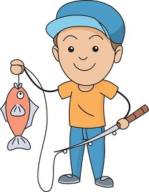 young fisherman with fishing pole holding fish clipart