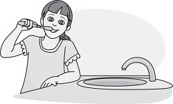 Young Girl Brushing Teeth Gray Clipart