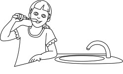 Young Girl Brushing Teeth Outline Clipart