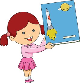 young girl holding large science book clipart
