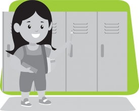 young girl standing in front of school lockers gray color