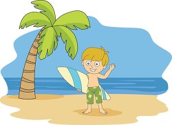 young surfer on beach waving summer clipart