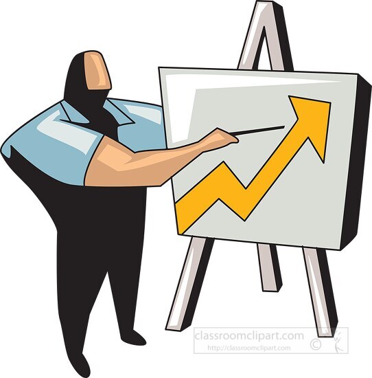 a man pointing to a chart with arrow pointed up on a easel