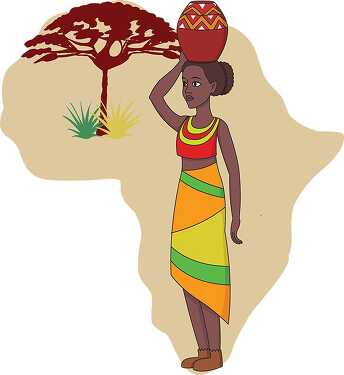 african woman holding pot on head with map of africa clipart