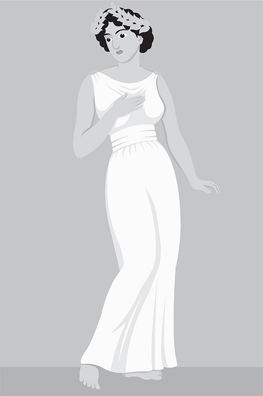 ancient greek lady wearing white dress blue background gray clip