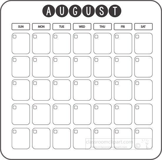 august calendar days week month clipart