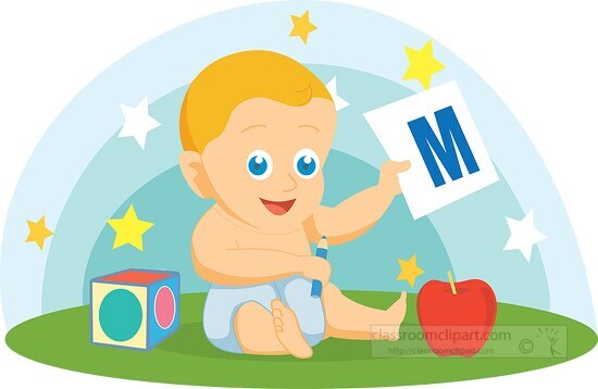 baby holding letter of alphabet M flat design vector clipart