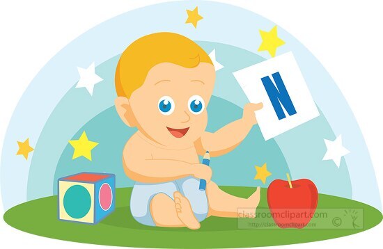 baby holding letter of alphabet N flat design vector clipart