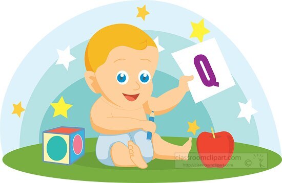 baby holding letter of alphabet Q flat design vector clipart