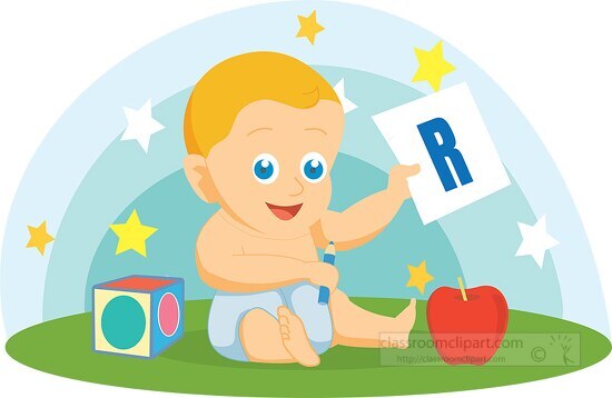 baby holding letter of alphabet R