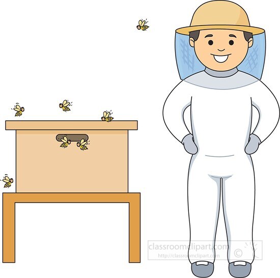 beekeeper in protective gear next to bees clipart