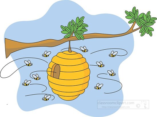 bees in beehive on tree branch