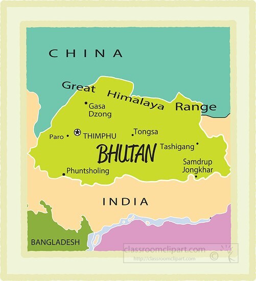 Bhutan country map color border clipart
