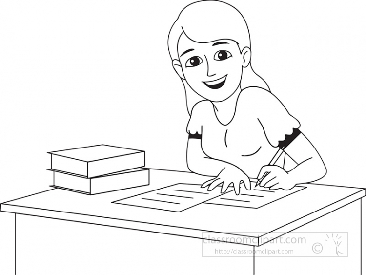 black outline teen girl doing study work clipart