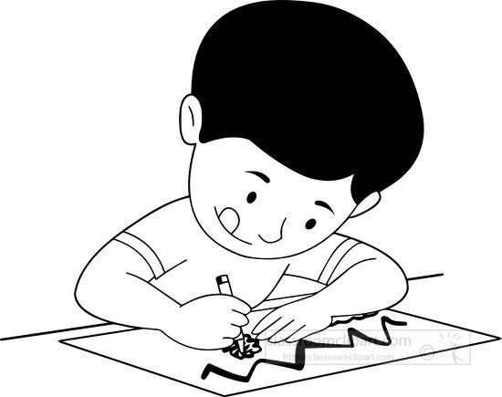 boy writing clipart black and white