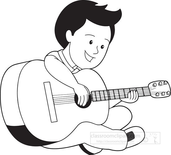 black white boy playing guitar musical instrument clipart