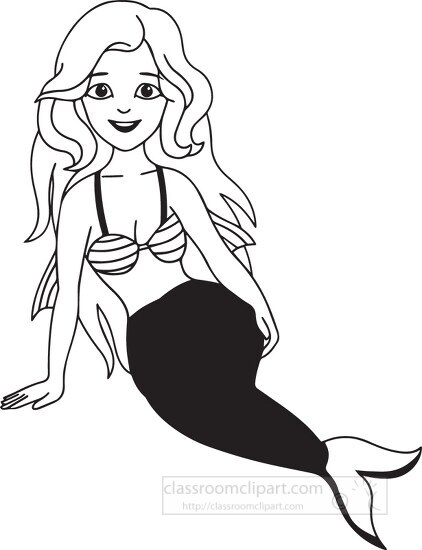 black white fantasy beautiful  mermaid sitting on rock clipart