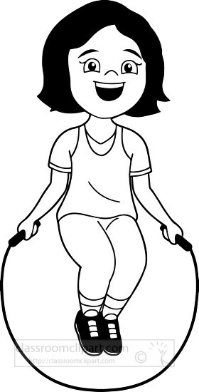 Children Outline Clipart-black white girl skipping jumping rope clipart
