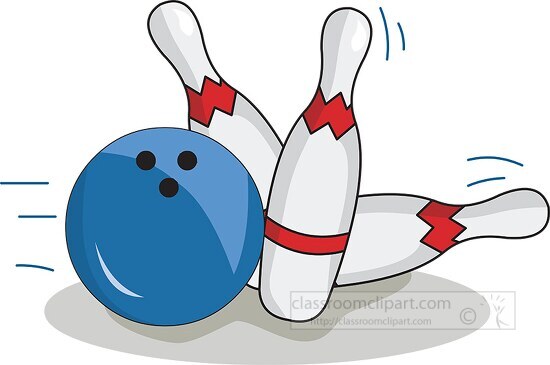 blue bowling ball striking three pins clipart