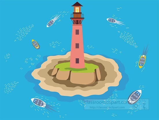 boats in ocean circling a lighthouse on island clipart